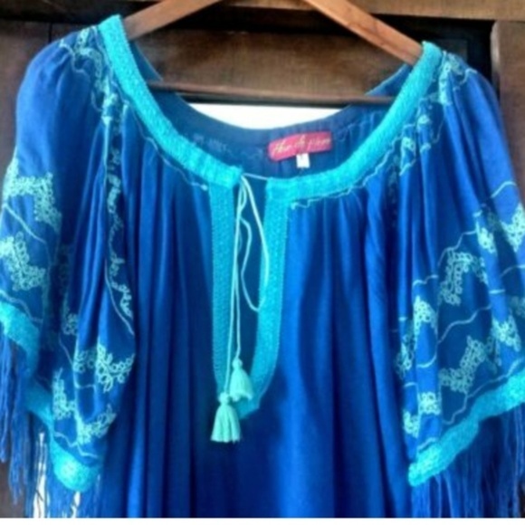 Dress XL Embroidered Boho hippie tassels blue beachwear - Picture 4 of 5